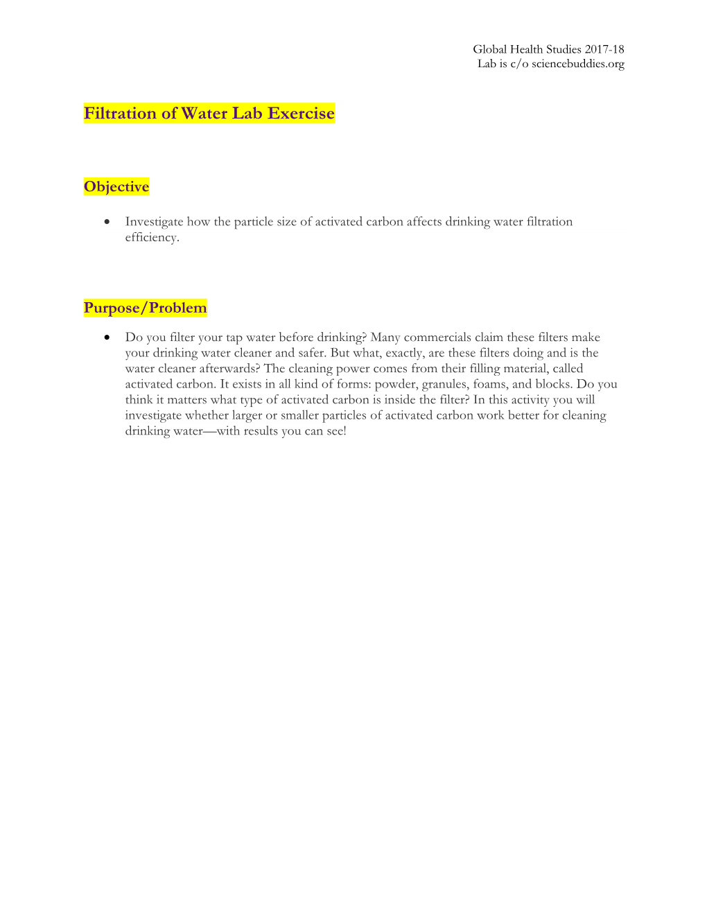 Filtration of Water Lab Exercise