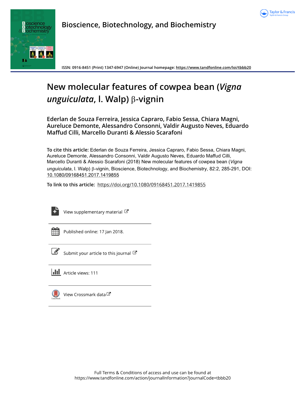 New Molecular Features of Cowpea Bean (Vigna Unguiculata, L. Walp) Β-Vignin