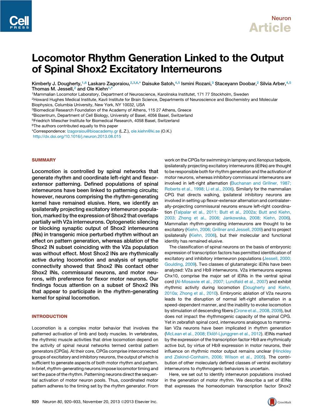 Locomotor Rhythm Generation Linked to the Output of Spinal Shox2 Excitatory Interneurons