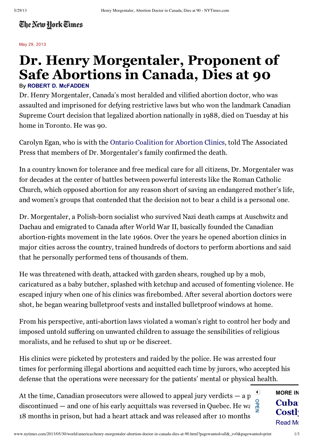 Dr. Henry Morgentaler, Proponent of Safe Abortions in Canada, Dies at 90 by ROBERT D