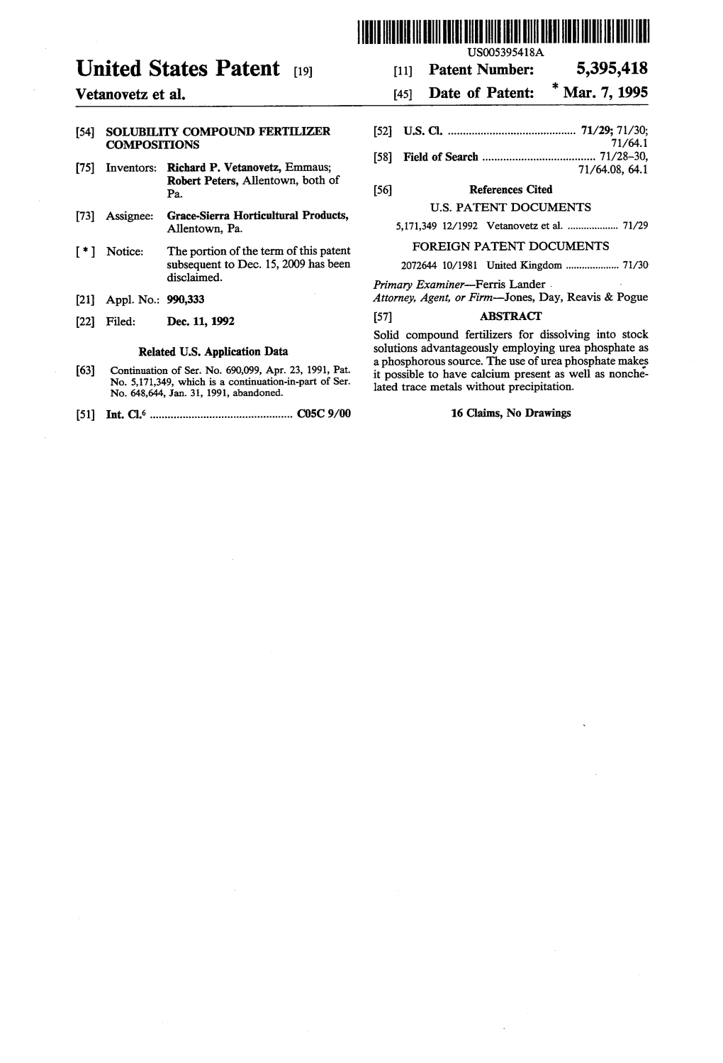 United States Patent 19 11) Patent Number: 5,395,418 Vetanovetz Et Al