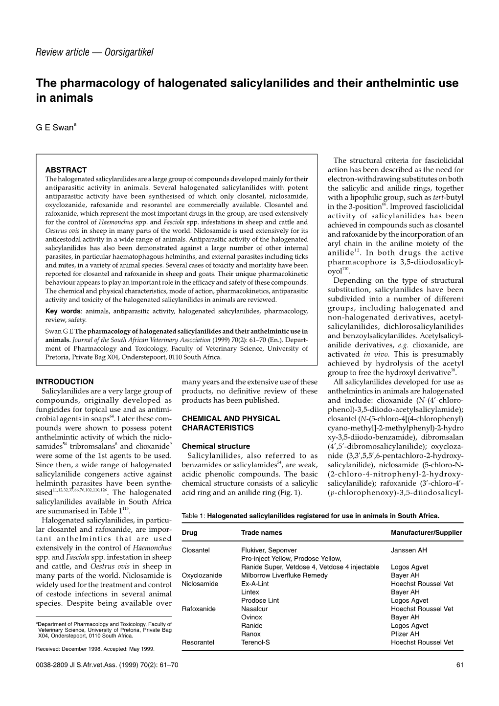 The Pharmacology of Halogenated Salicylanilides and Their Anthelmintic Use in Animals