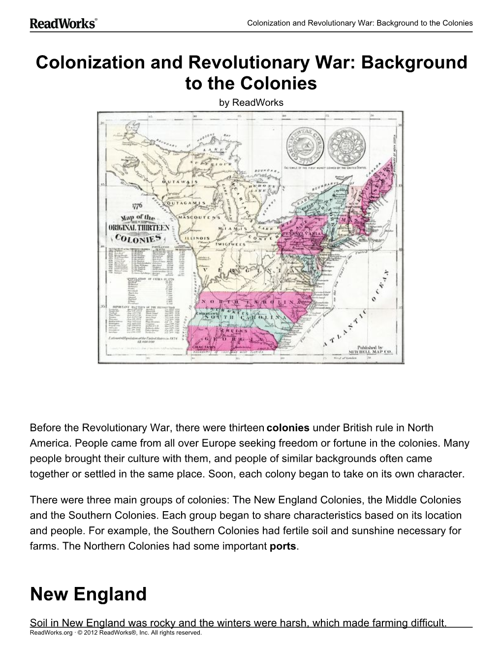 Colonization and Revolutionary War: Background to the Colonies