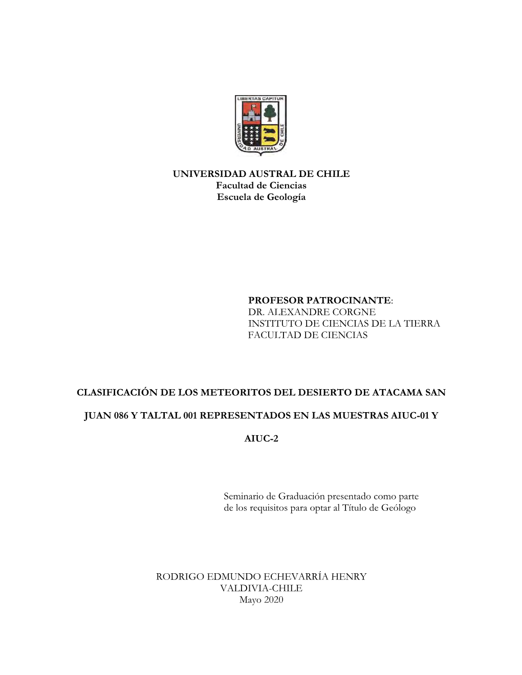 UNIVERSIDAD AUSTRAL DE CHILE Facultad De Ciencias Escuela De Geología
