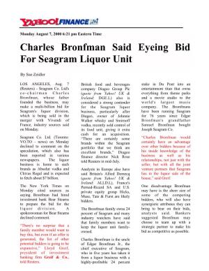 Charles Bronfman Said Eyeing Bid for Seagram Liquor Unit