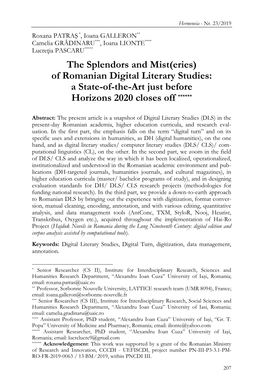 The Splendors and Mist(Eries) of Romanian Digital Literary Studies: a State-Of-The-Art Just Before Horizons 2020 Closes Off ******