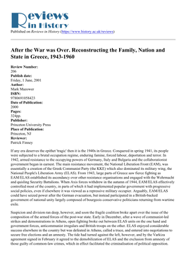 After the War Was Over. Reconstructing the Family, Nation and State in Greece, 1943-1960