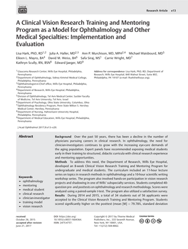 A Clinical Vision Research Training and Mentoring Program As a Model for Ophthalmology and Other Medical Specialties: Implementation and Evaluation