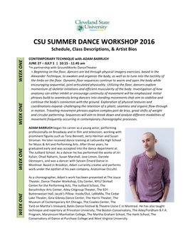 CSU SUMMER DANCE WORKSHOP 2016 Schedule, Class Descriptions, & Artist Bios