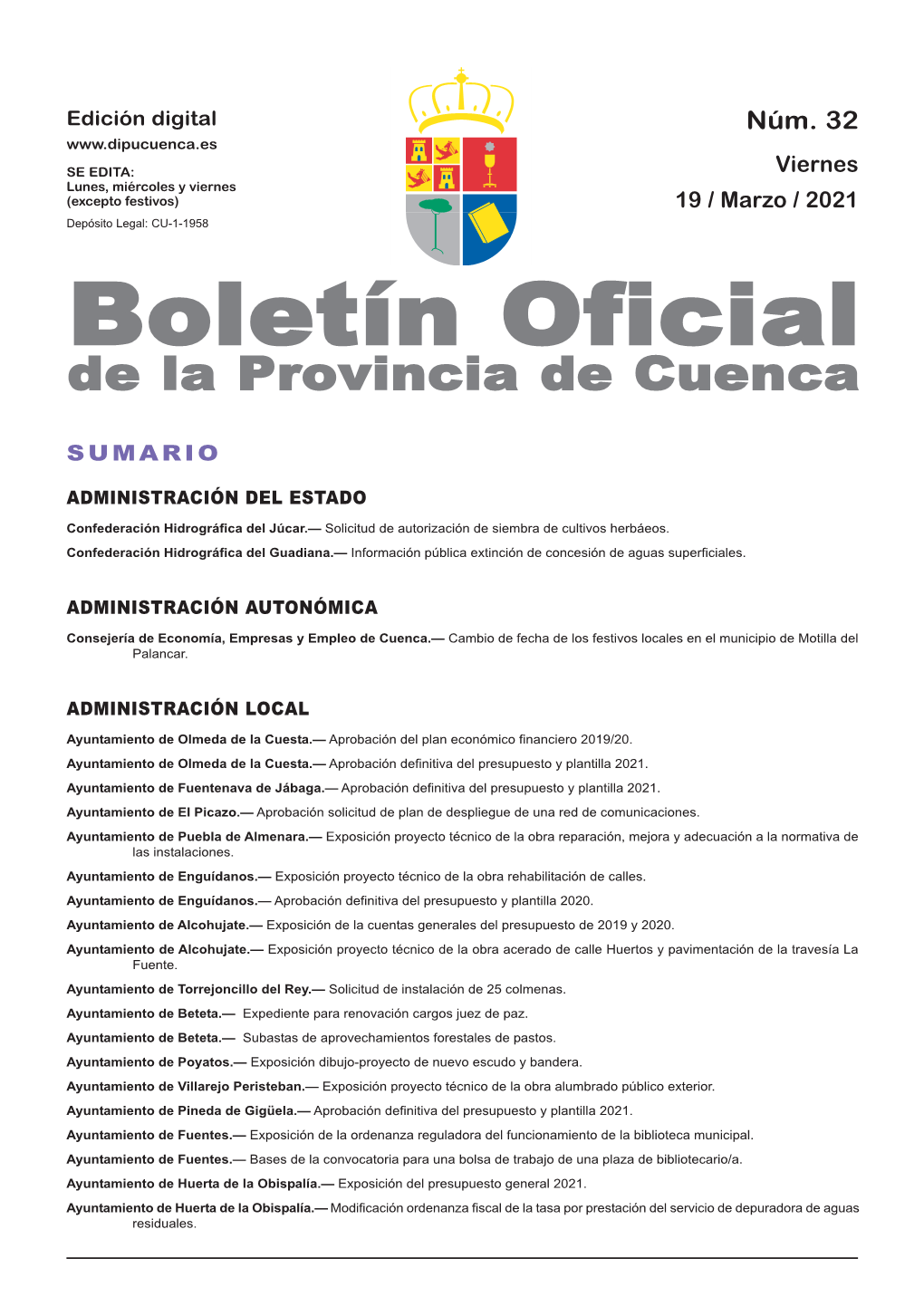 Boletín Oficial De La Provincia De Cuenca Sumario Administración Del Estado