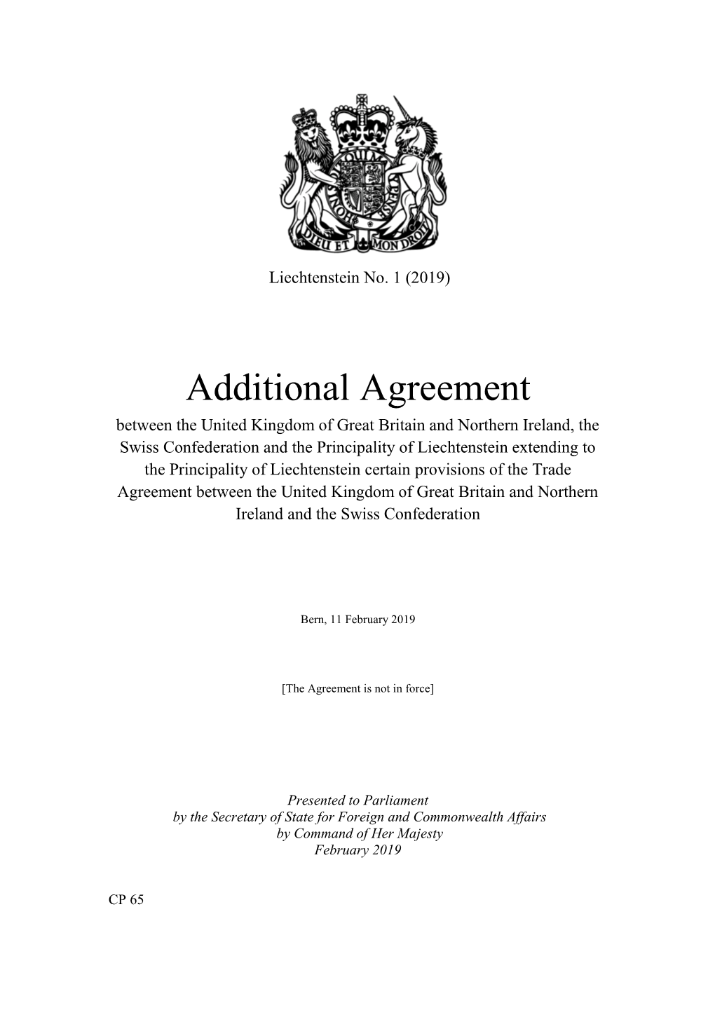 Additional Agreement Between the United Kingdom of Great Britain