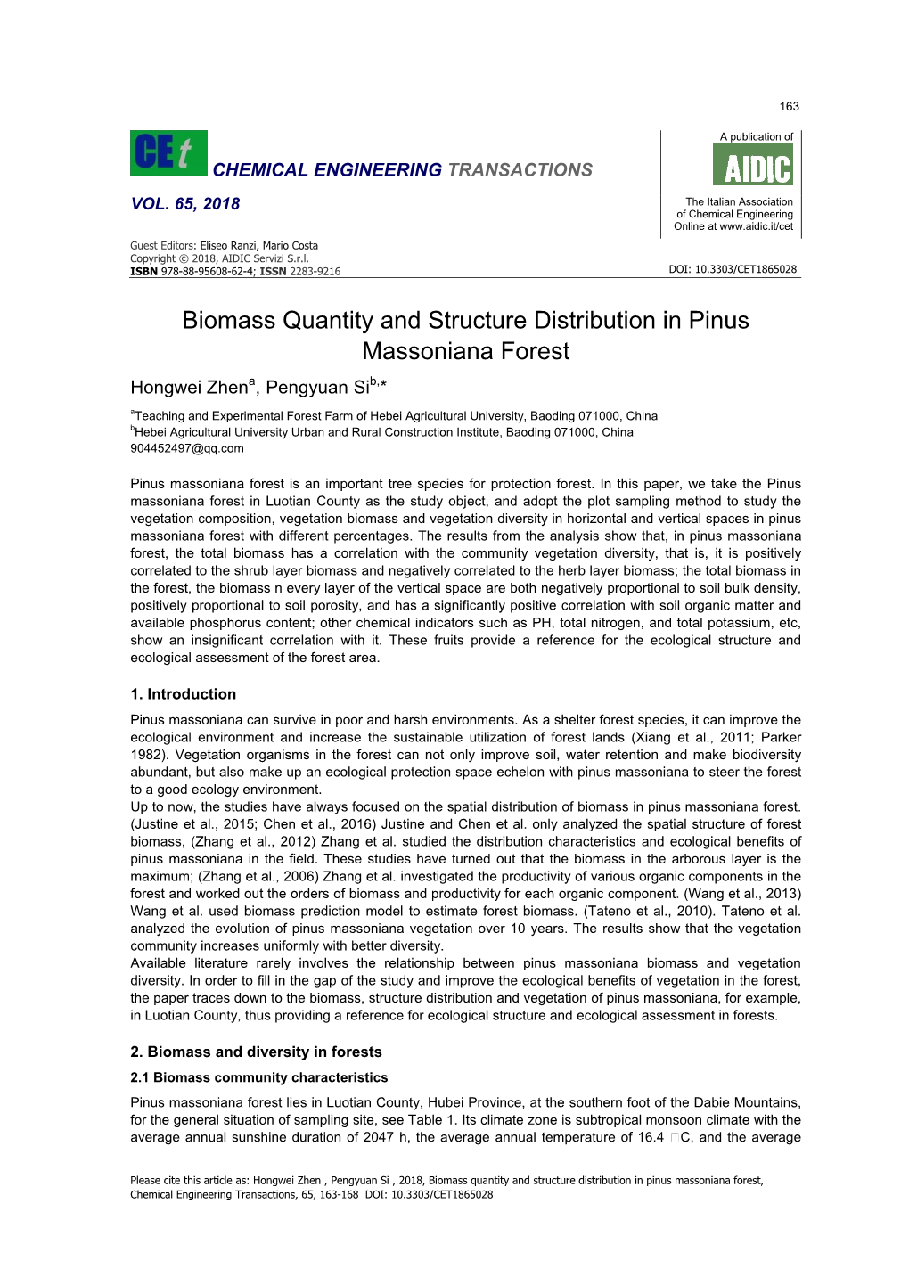 Biomass Quantity and Structure Distribution in Pinus Massoniana Forest