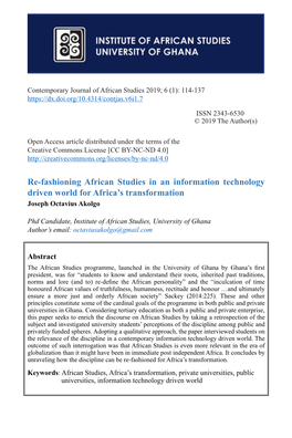 Re-Fashioning African Studies in an Information Technology Driven World for Africa’S Transformation Joseph Octavius Akolgo