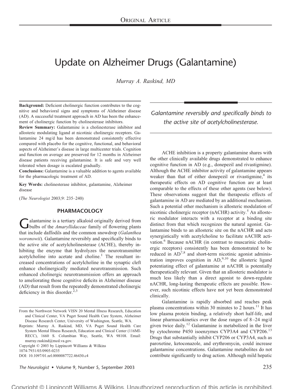 Update on Alzheimer Drugs (Galantamine)