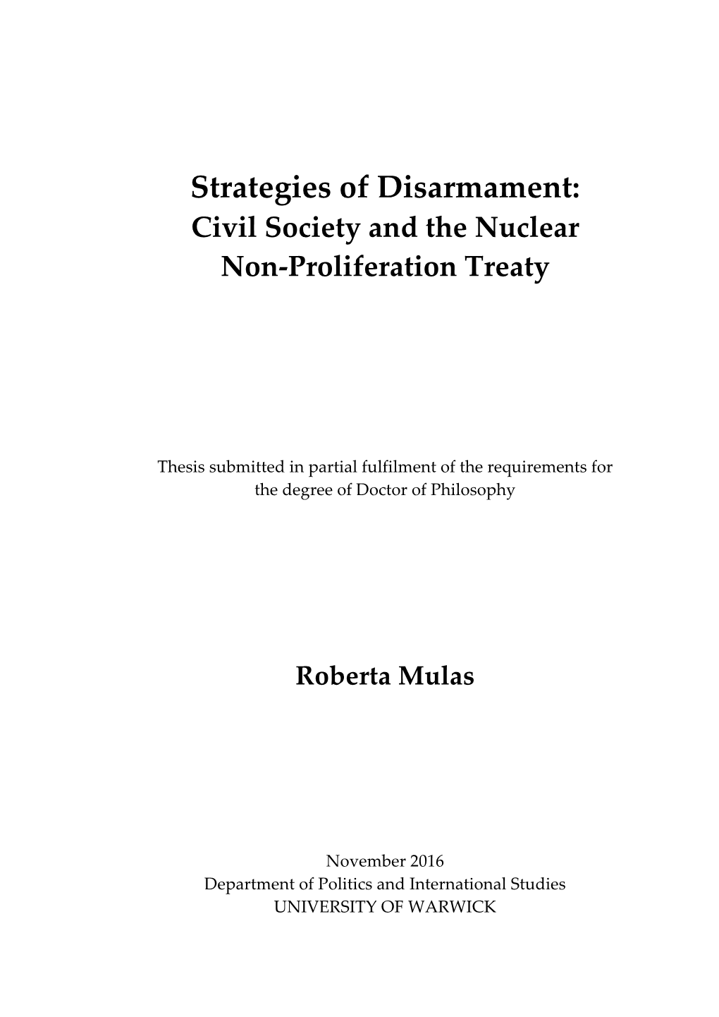 Strategies of Disarmament: Civil Society and the Nuclear Non-Proliferation Treaty