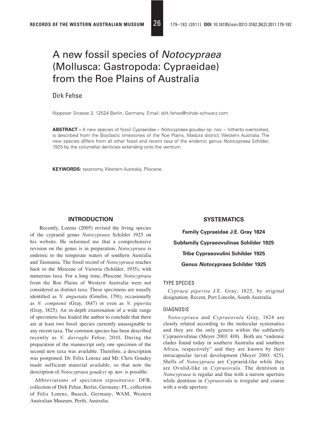 Mollusca: Gastropoda: Cypraeidae) from the Roe Plains of Australia