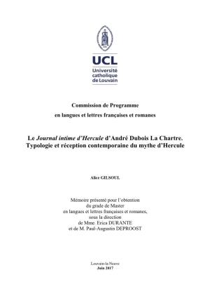 Le Journal Intime D'hercule D'andré Dubois La Chartre. Typologie Et Réception Contemporaine Du Mythe D'hercule