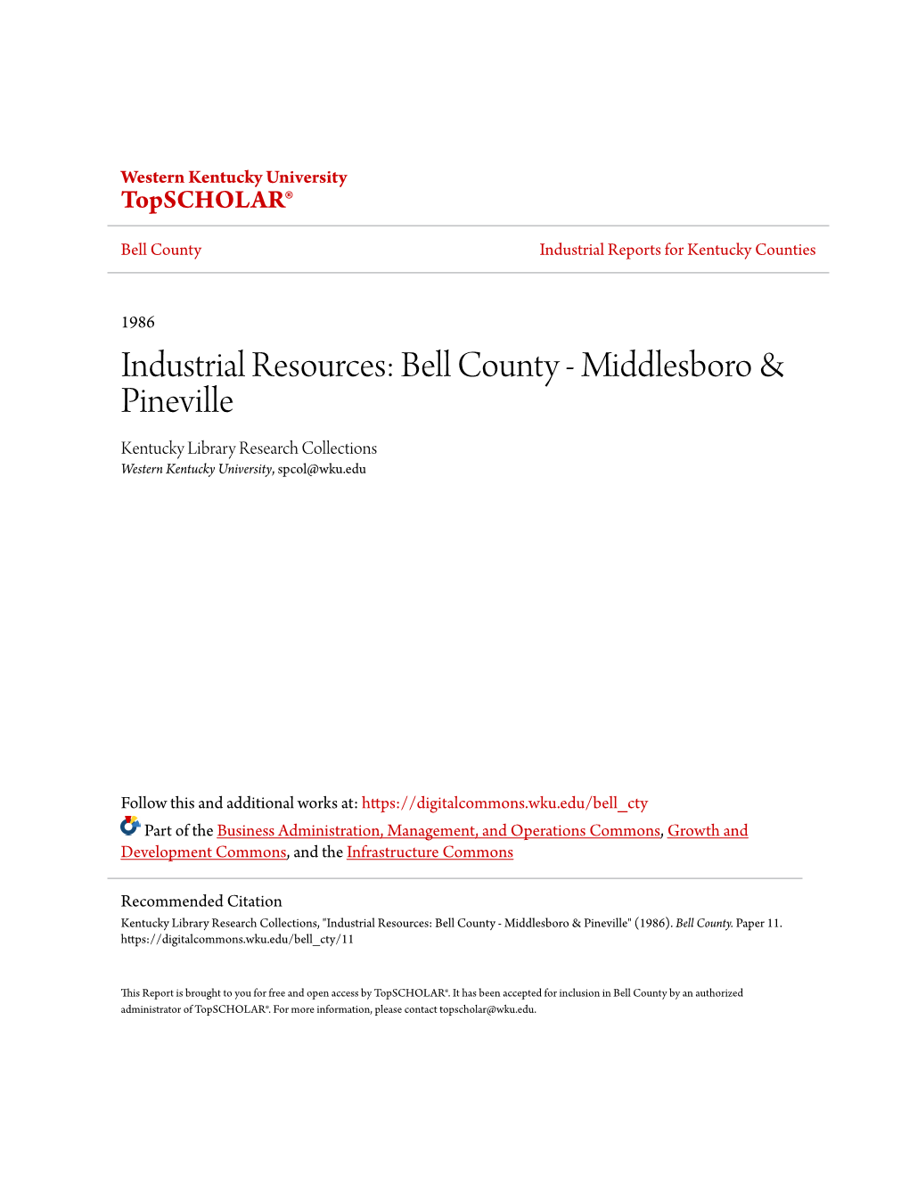 Bell County Industrial Reports for Kentucky Counties