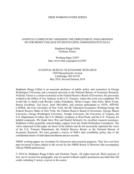 Nber Working Paper Series Gainfully Employed? Assessing the Employment and Earnings of For-Profit College Students Using Adminis