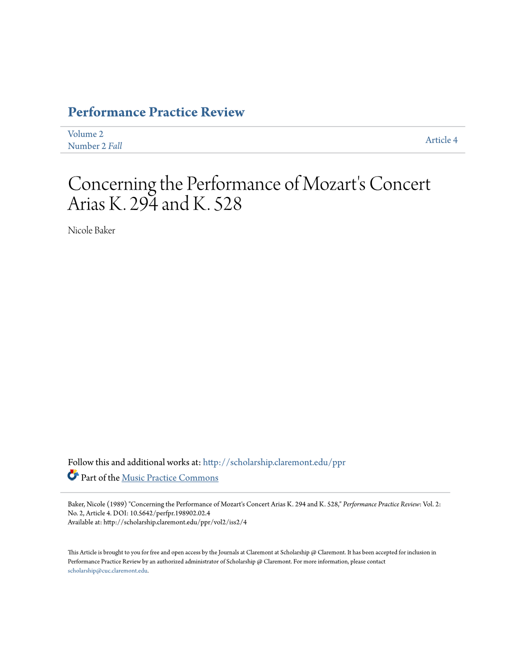 Concerning the Performance of Mozart's Concert Arias K. 294 and K