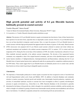 High Growth Potential and Activity of 0.2 Μm Filterable Bacteria Habitually