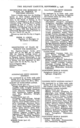 The Belfast Gazette, September 4, 1936. 339 Registration for Marriages of Ballygawley Petty Sessions Places of Worship in District