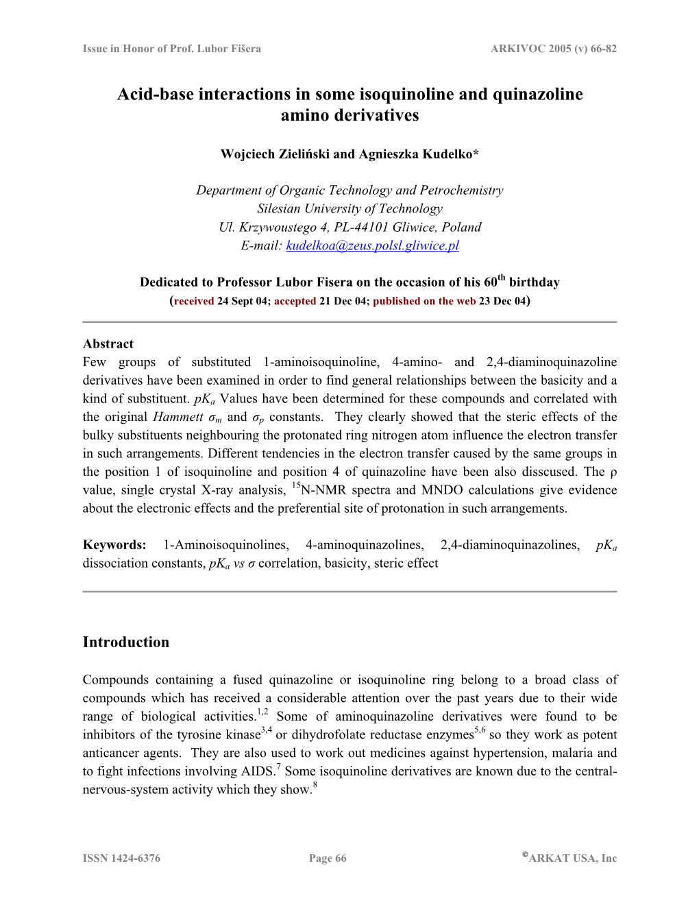 Acid-Base Interactions in Some Isoquinoline and Quinazoline Amino Derivatives