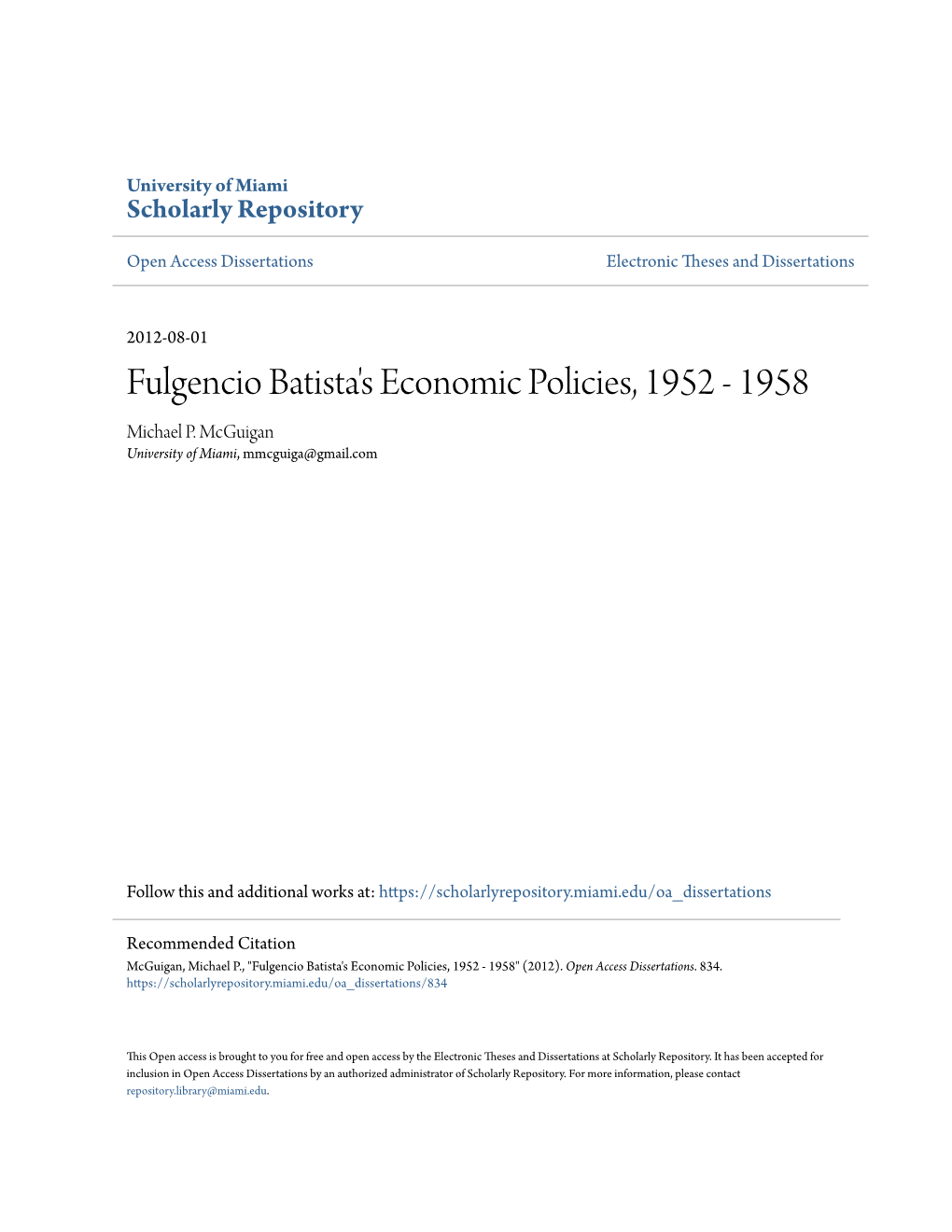 Fulgencio Batista's Economic Policies, 1952 - 1958 Michael P