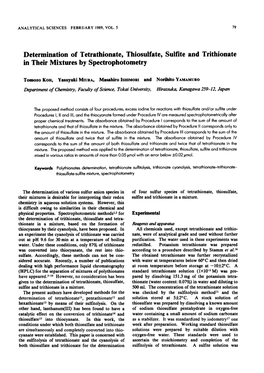 Determination of Tetrathionate, Thiosulfate, Sulfite and Trithionate in Their Mixtures by Spectrophotometry