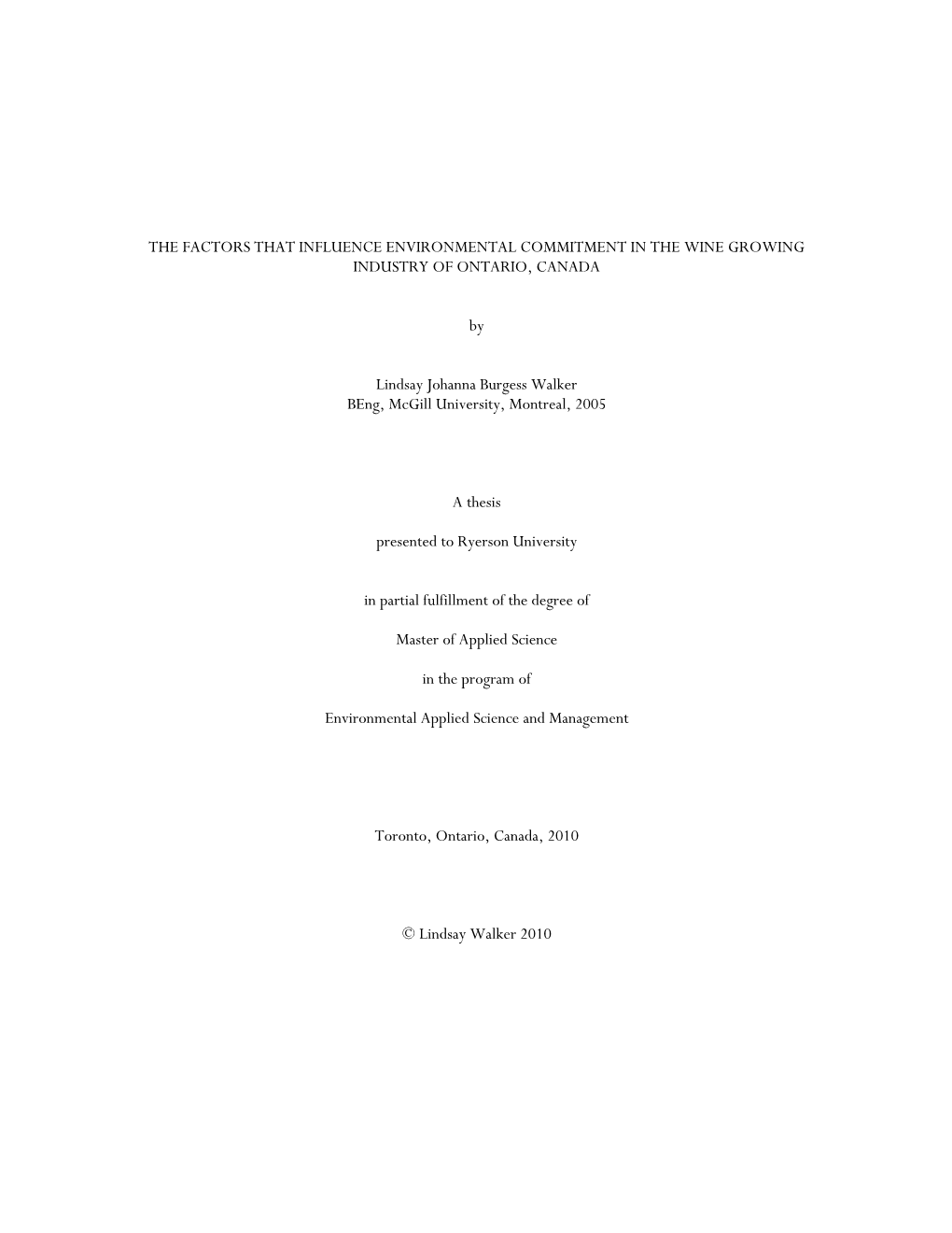 The Factors That Influence Environmental Commitment in the Wine Growing Industry of Ontario, Canada