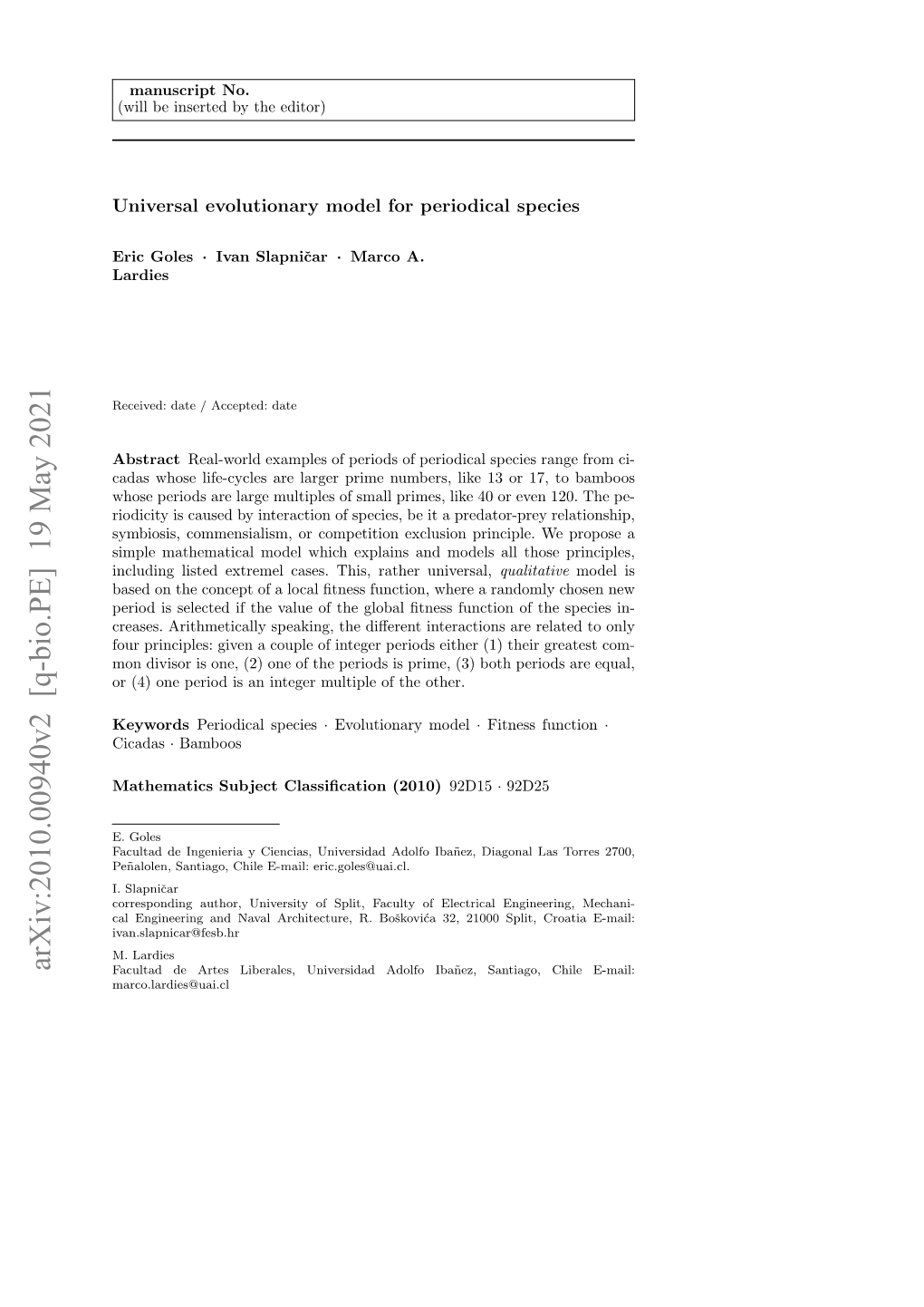 Arxiv:2010.00940V2 [Q-Bio.PE] 19 May 2021