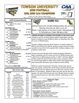 Towson University 2019 Football 2011, 2012 Caa Champions