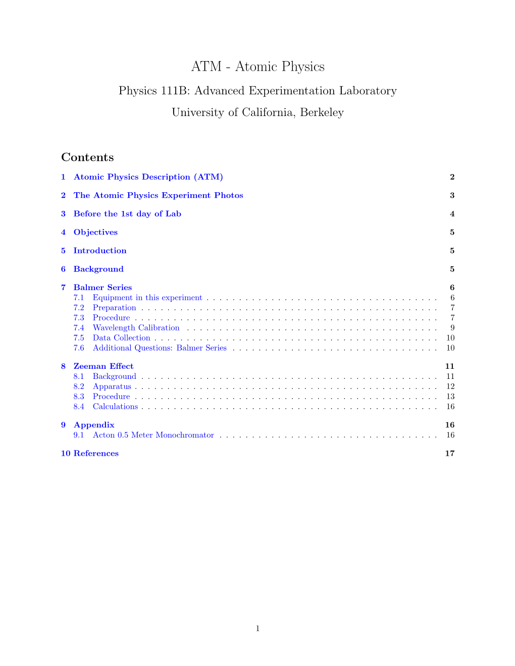 Atomic Physics Physics 111B: Advanced Experimentation Laboratory University of California, Berkeley