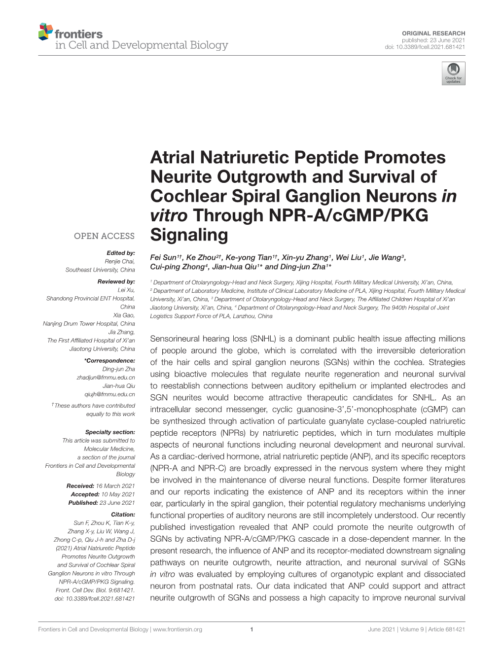 Atrial Natriuretic Peptide Promotes Neurite Outgrowth and Survival of Cochlear Spiral Ganglion Neurons in Vitro Through NPR-A/Cgmp/PKG Signaling