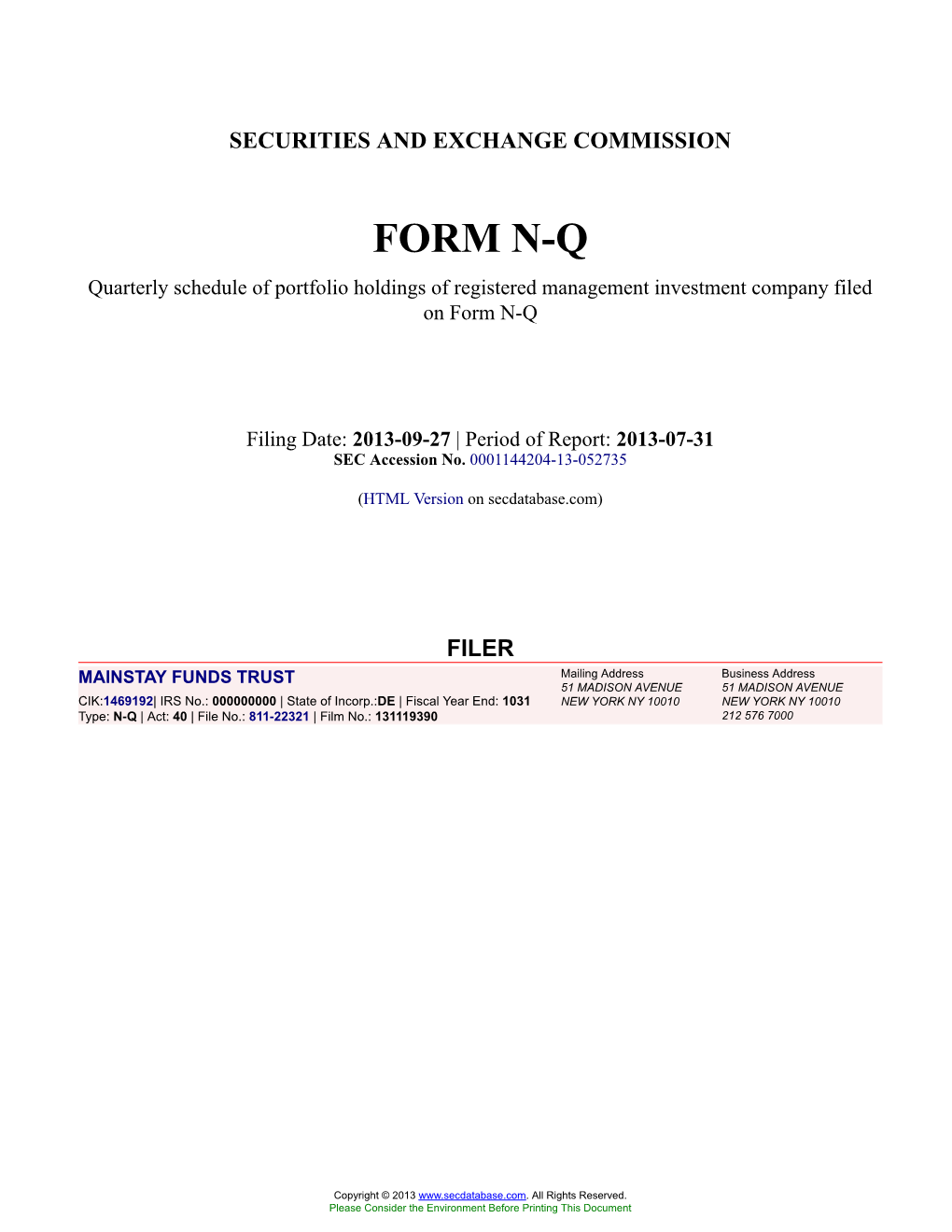 MAINSTAY FUNDS TRUST Form N-Q Filed 2013-09-27