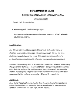 DEPARTMENT of MUSIC MUGBERIA GANGADHAR MAHAVIDYALAYA 2Nd Semester (C3T) Part of Prof