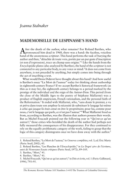 Joanna Stalnaker MADEMOISELLE DE LESPINASSE's HAND