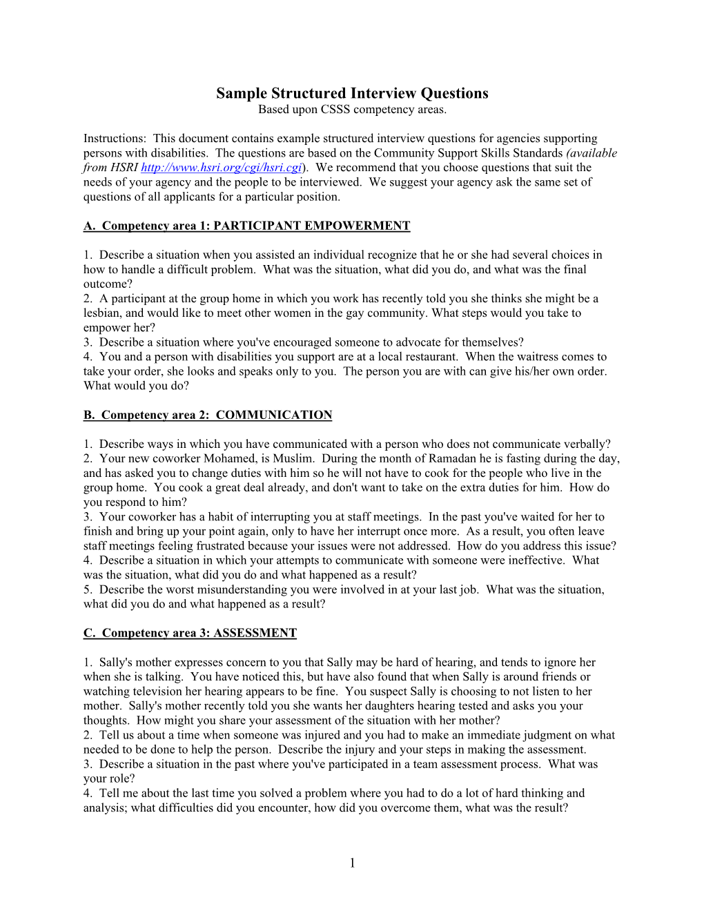 Structured Interview Questions Based Upon CSSS Competency Areas