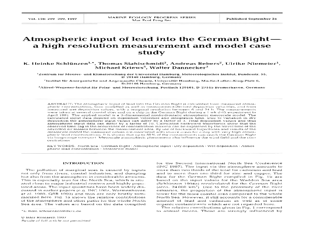 Atmospheric Input of Lead Into the German Bight- a High Resolution Measurement and Model Case Study