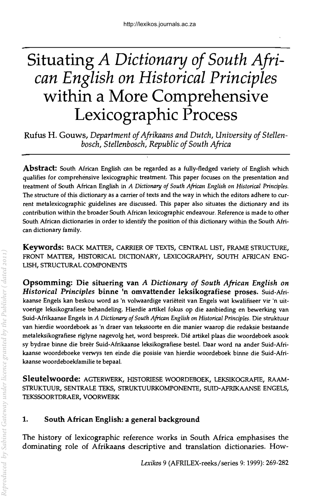 Situating a Dictionary of South Afri- Can English on Historical Principles