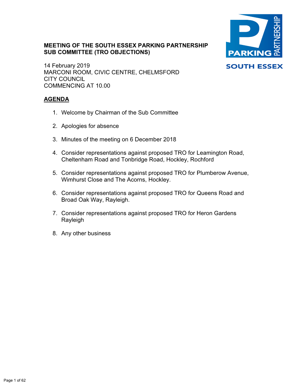 Meeting of the South Essex Parking Partnership Sub Committee (Tro Objections)