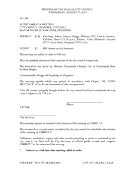 Minutes of the Dallas City Council Wednesday, August 27, 2014