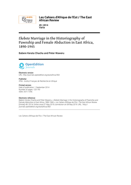 Ekebete Marriage in the Historiography of Pawnship and Female Abduction in East Africa, 1890-1945