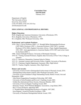 Curriculum Vitae ED FOLSOM February 2015 Department Of