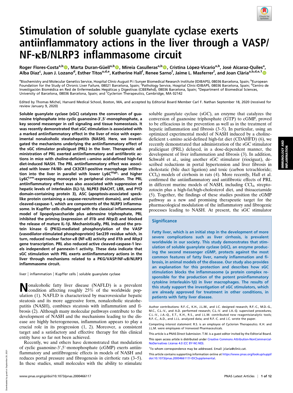 Stimulation of Soluble Guanylate Cyclase Exerts Antiinflammatory Actions in the Liver Through a VASP/ NF-Κb/NLRP3 Inflammasome Circuit