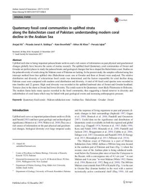 Quaternary Fossil Coral Communities in Uplifted Strata Along the Balochistan Coast of Pakistan: Understanding Modern Coral Decline in the Arabian Sea