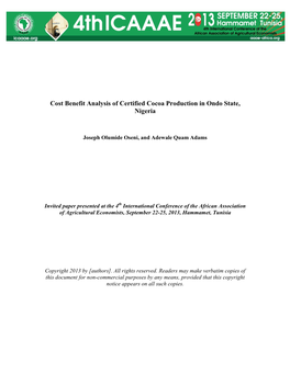 Cost Benefit Analysis of Certified Cocoa Production in Ondo State, Nigeria