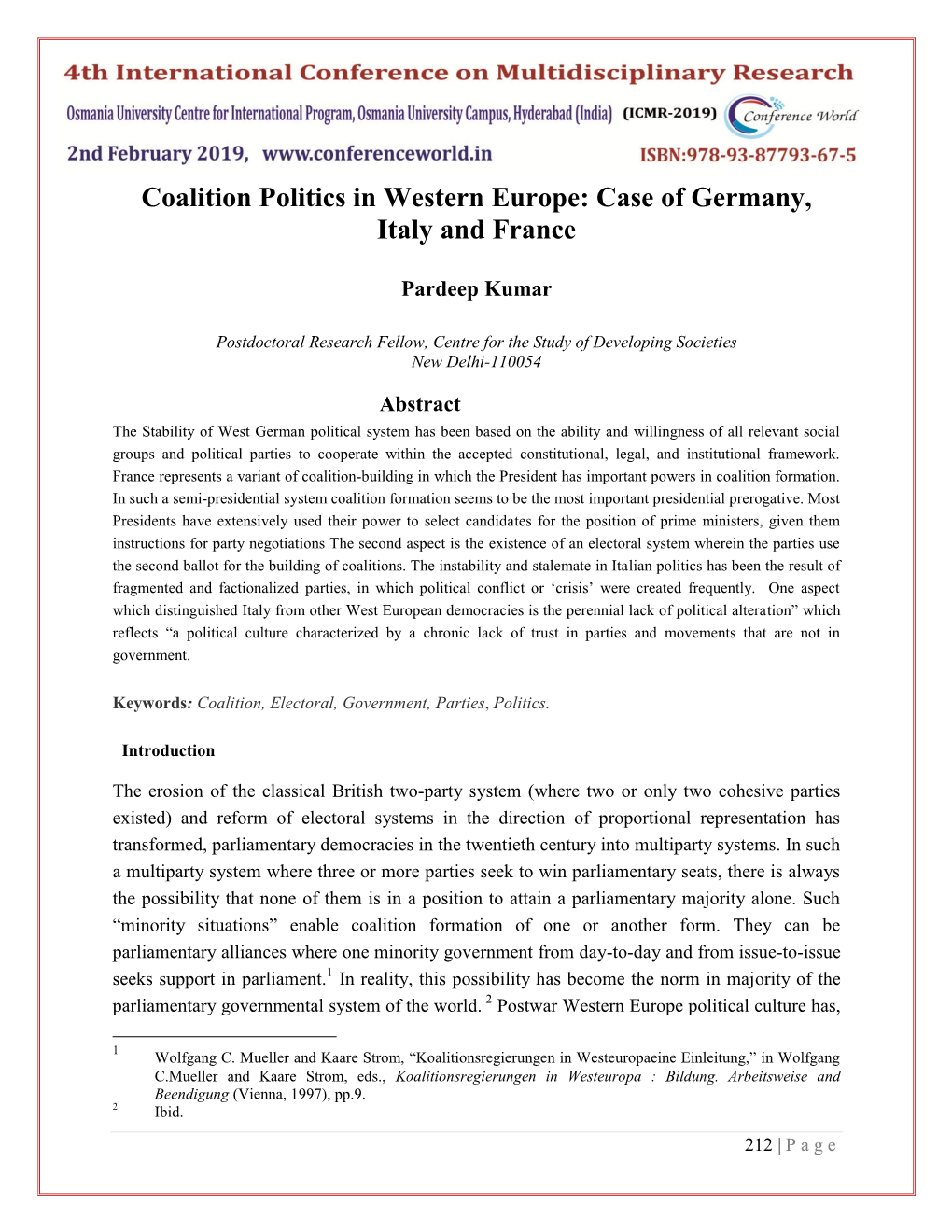 Coalition Politics in Western Europe: Case of Germany, Italy and France