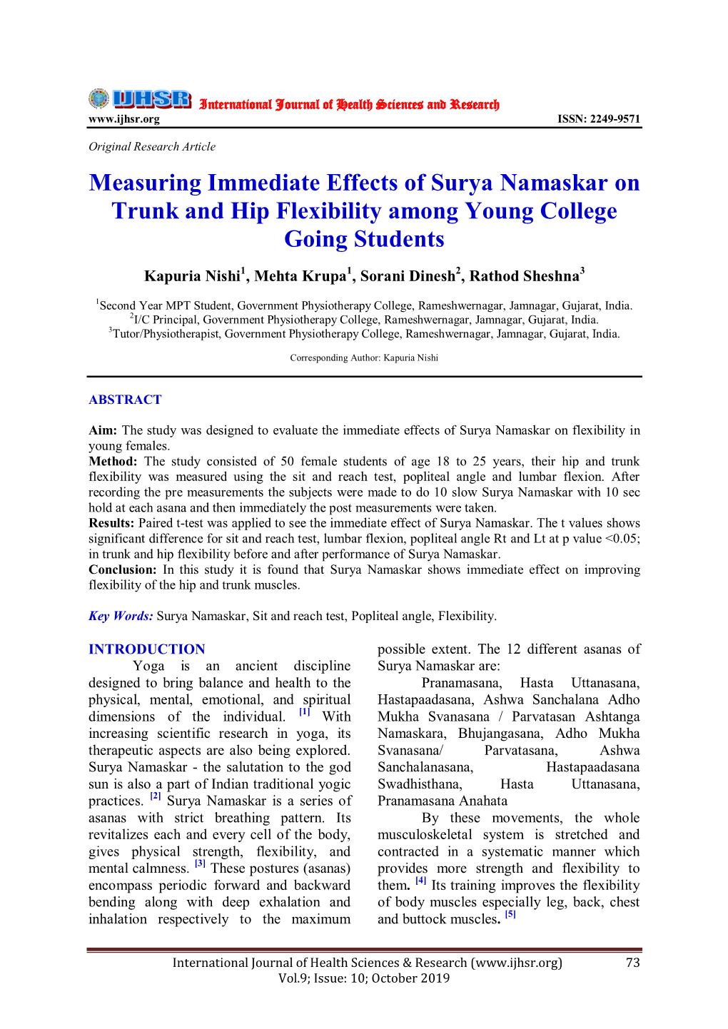 Measuring Immediate Effects of Surya Namaskar on Trunk and Hip Flexibility Among Young College Going Students