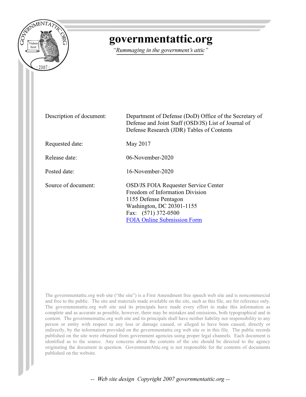 (Dod) Office of the Secretary of Defense and Joint Staff (OSD/JS) List of Journal of Defense Research (JDR) Tables of Contents